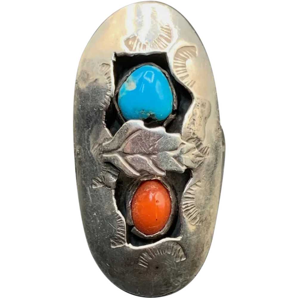 Sterling silver Turquoise Coral Shadowbox ring Na… - image 1