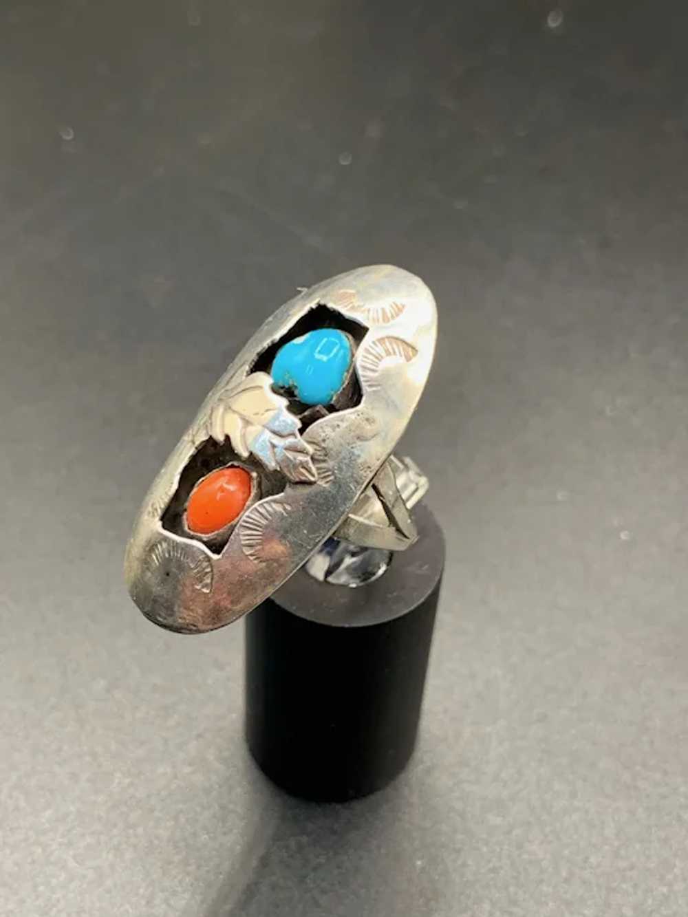 Sterling silver Turquoise Coral Shadowbox ring Na… - image 2