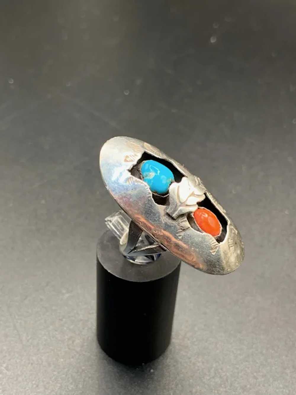 Sterling silver Turquoise Coral Shadowbox ring Na… - image 3
