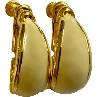 Vintage Goldette Earrings Cream Enamel and Gold-T… - image 1