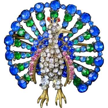 Vibrant, Colorful Paste Peacock Brooch VERY RARE
