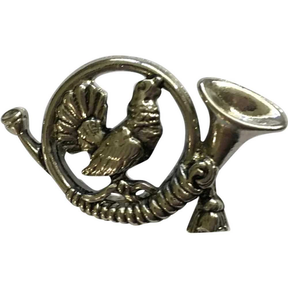 Hunting Horn With Partridge Bird Silver-Tone Broo… - image 1