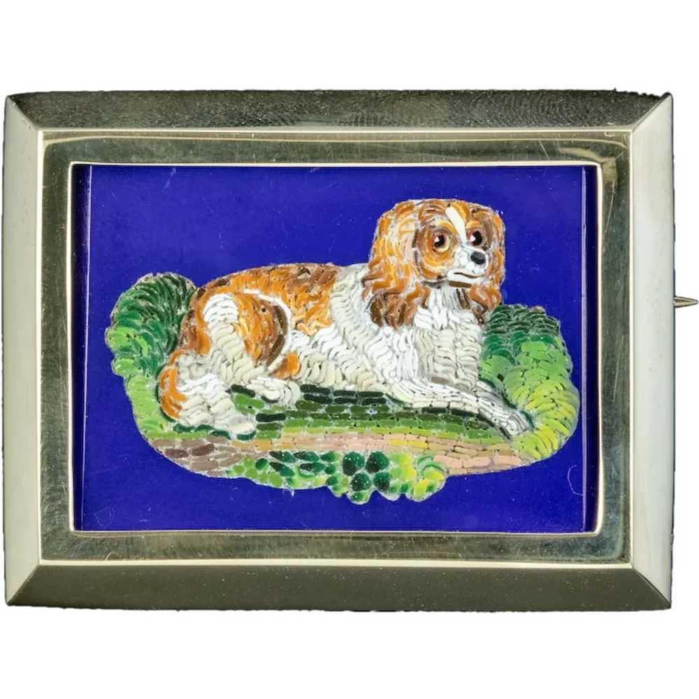 Antique Victorian Micro Mosaic Dog Brooch 15ct Go… - image 1