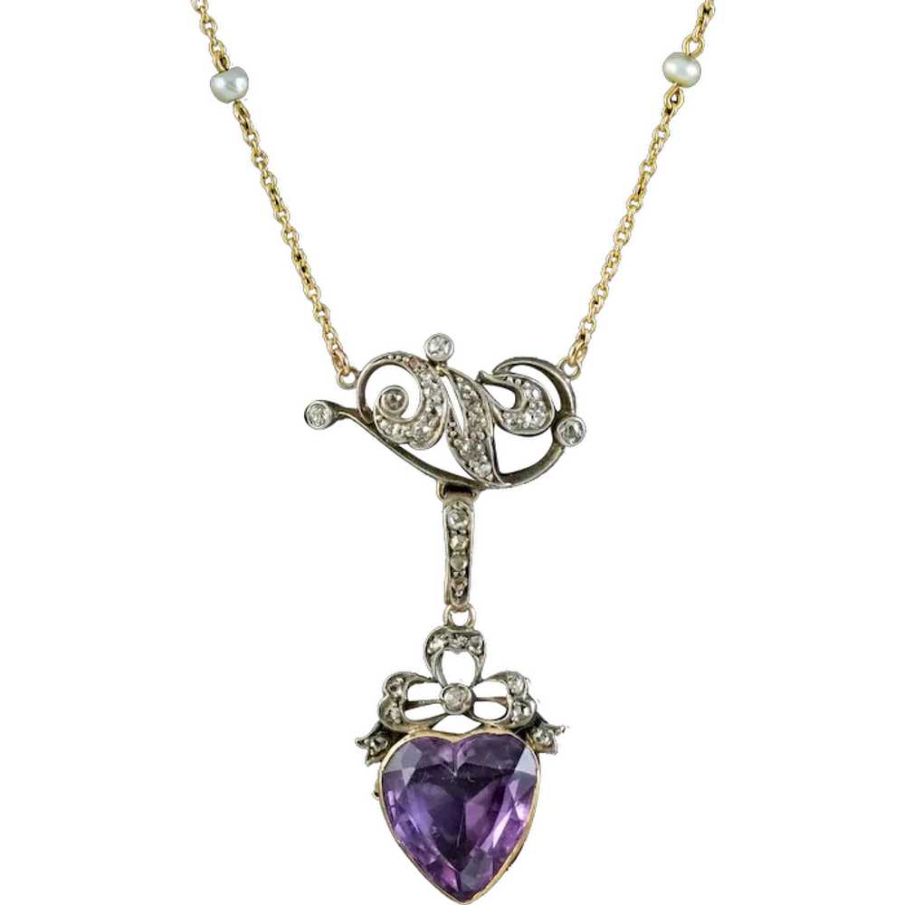 Antique Victorian Diamond Pearl Amethyst Heart Pe… - image 1