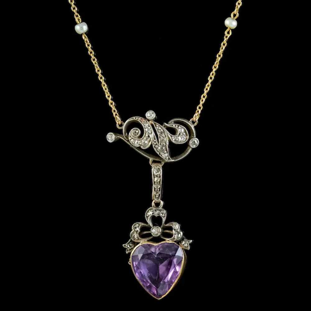 Antique Victorian Diamond Pearl Amethyst Heart Pe… - image 2