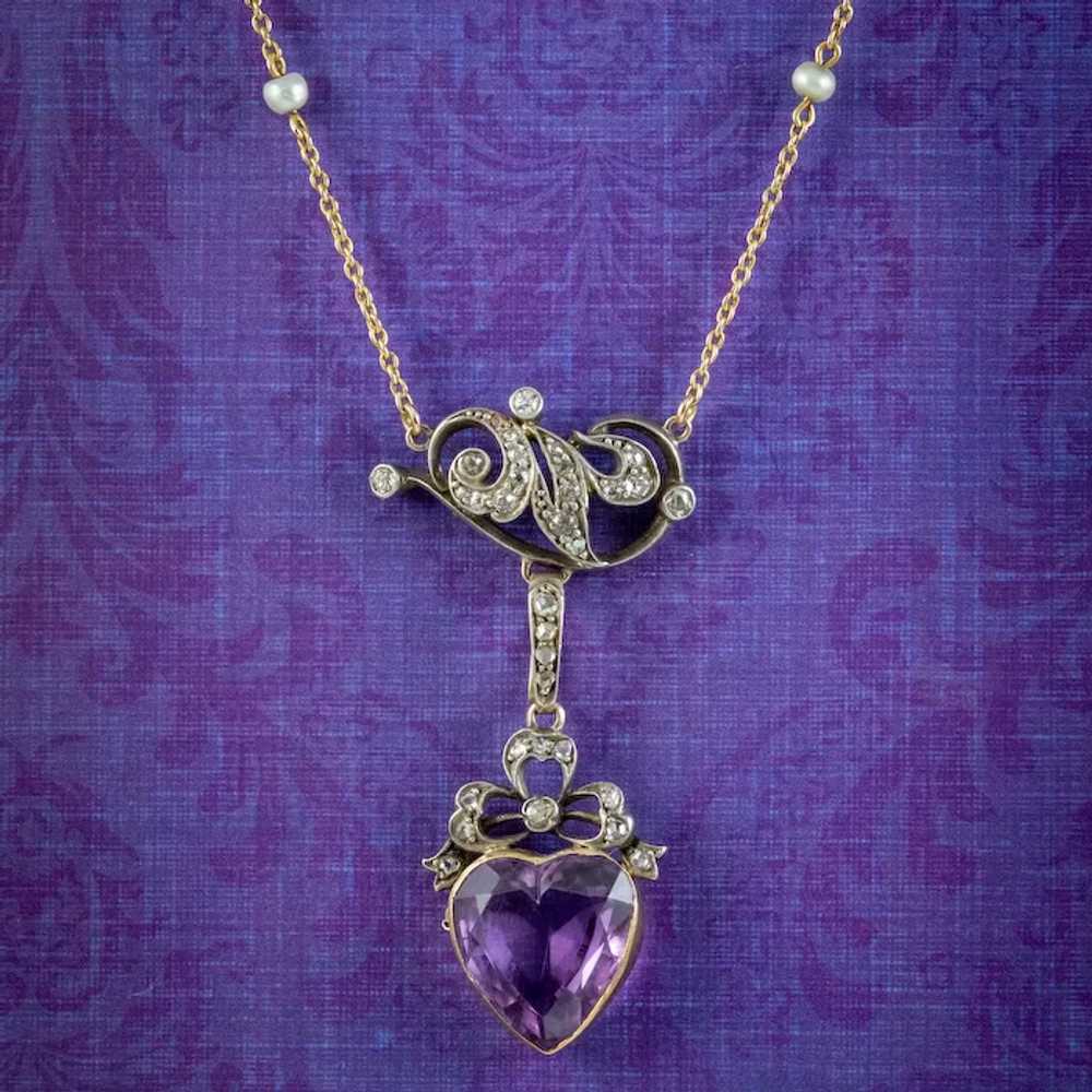 Antique Victorian Diamond Pearl Amethyst Heart Pe… - image 3