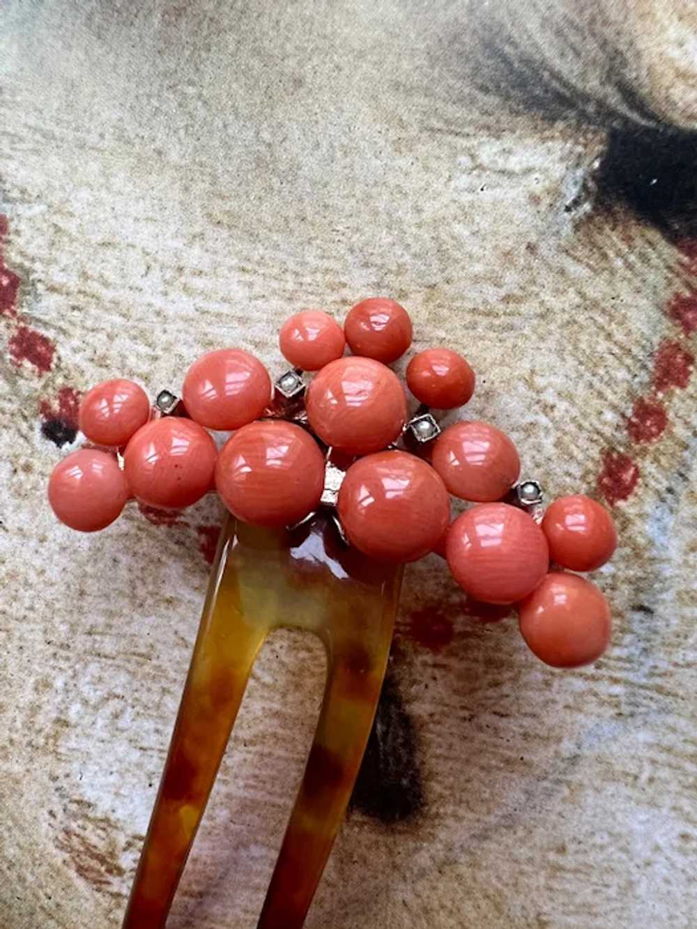 Rare Antique coral pearl beads shell hair comb |V… - image 7