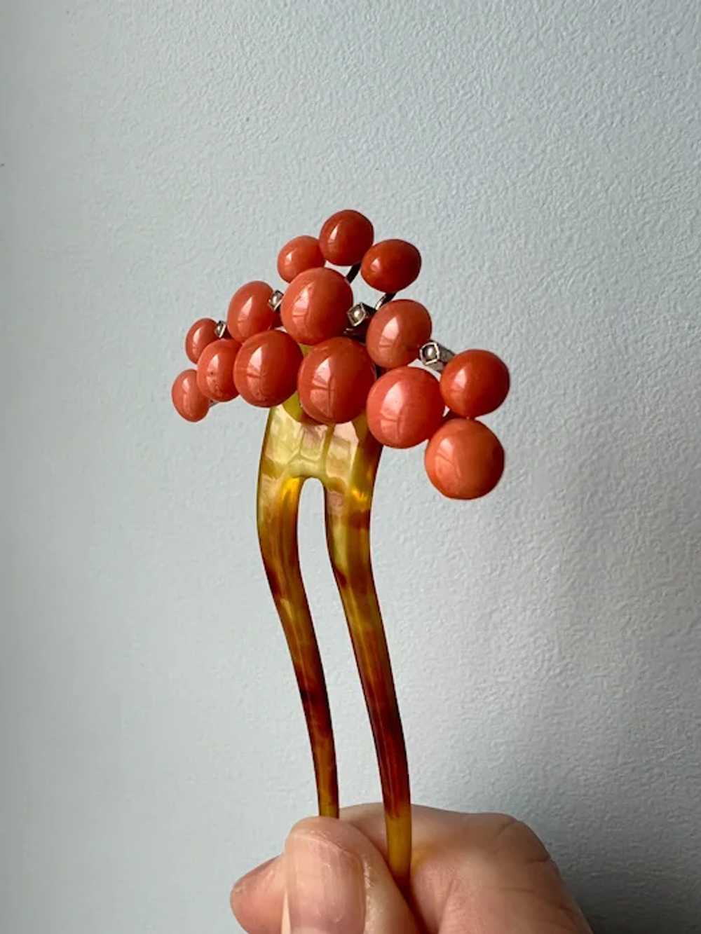 Rare Antique coral pearl beads shell hair comb |V… - image 8