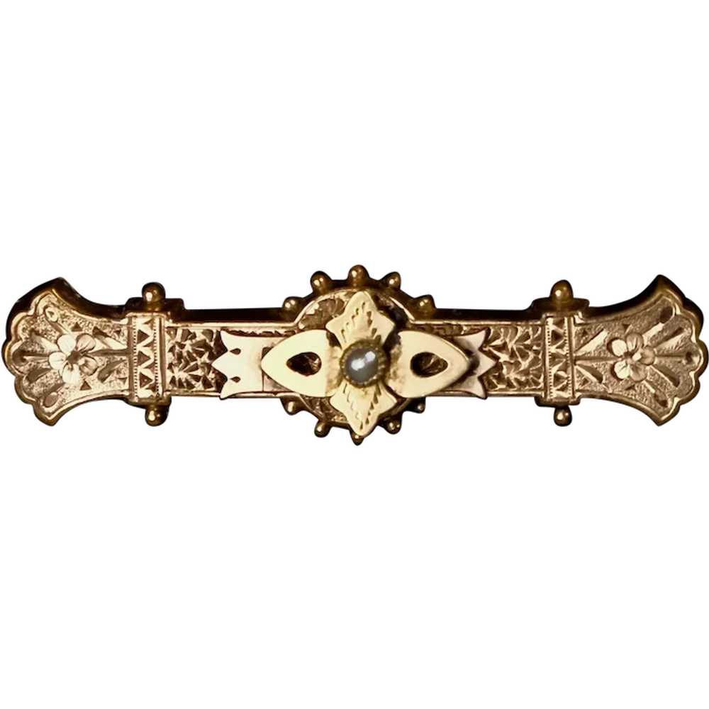 Victorian Intricately Chased 9K Gold Front Bar Pin - image 1