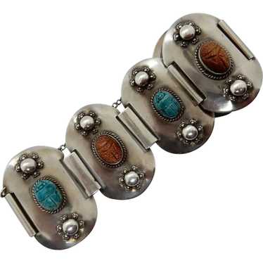 Sterling Silver Scarab Bracelet Turquoise Faience 