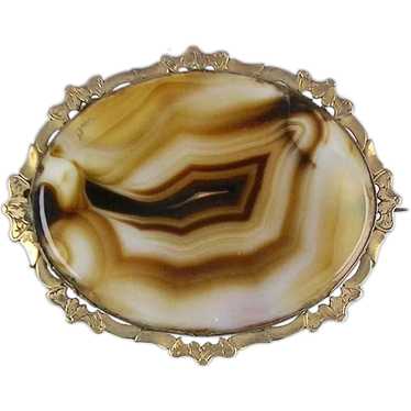 Large Antique 10K Gold Banded Agate Pin Brooch