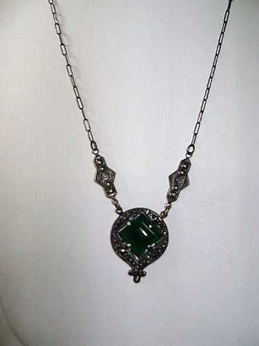 VINTAGE Sterling Art Deco Green  Pendant with Mar… - image 1