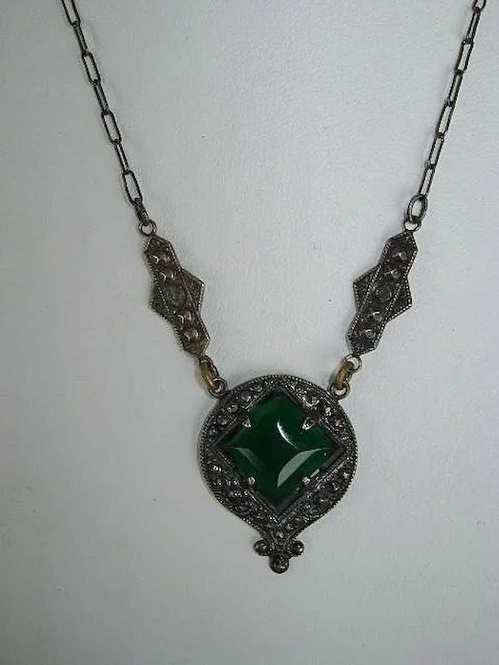 VINTAGE Sterling Art Deco Green  Pendant with Mar… - image 2