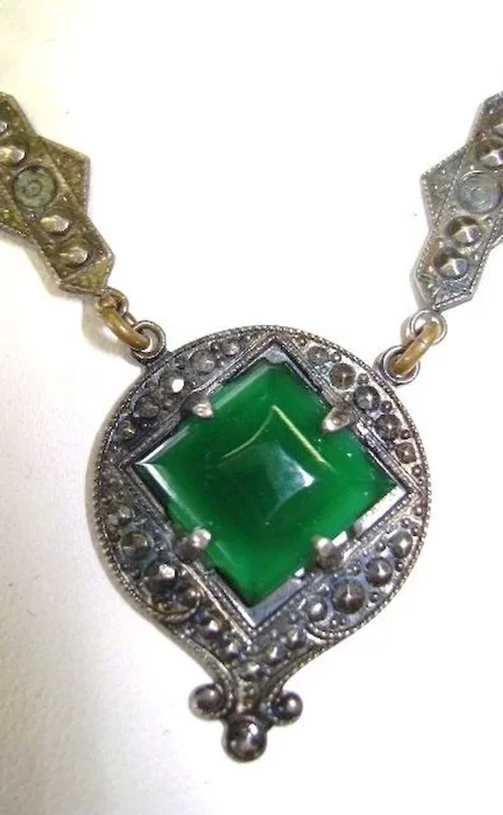 VINTAGE Sterling Art Deco Green  Pendant with Mar… - image 3