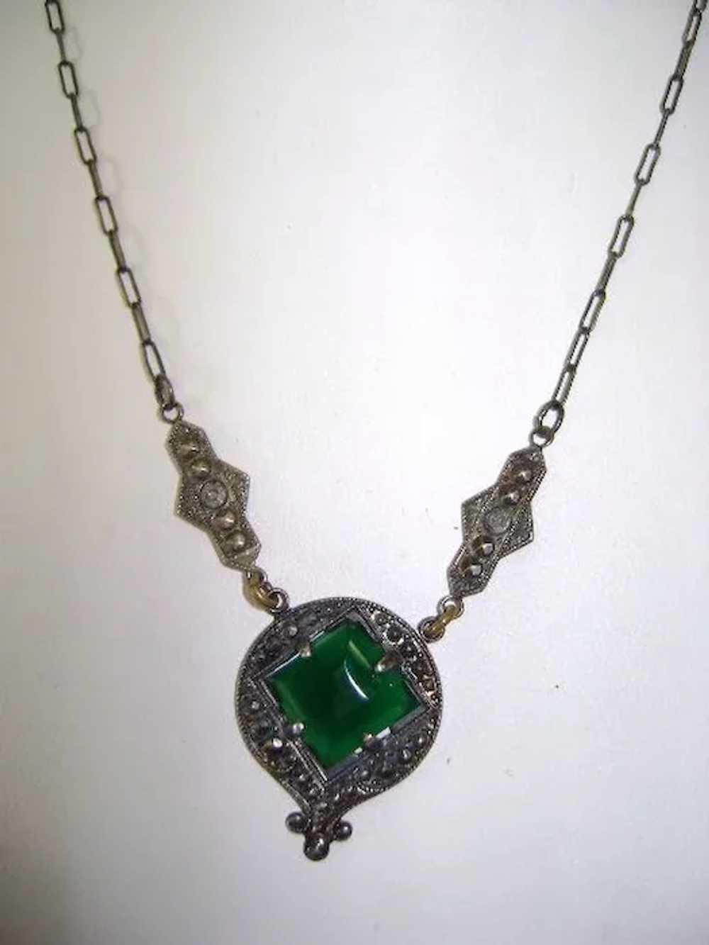VINTAGE Sterling Art Deco Green  Pendant with Mar… - image 4