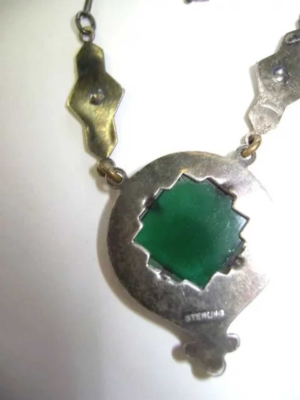 VINTAGE Sterling Art Deco Green  Pendant with Mar… - image 7