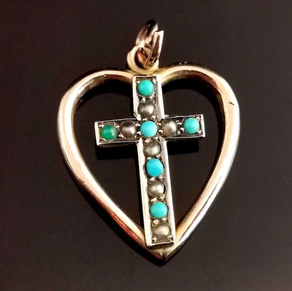 Antique Heart and Cross pendant, Turquoise and se… - image 11