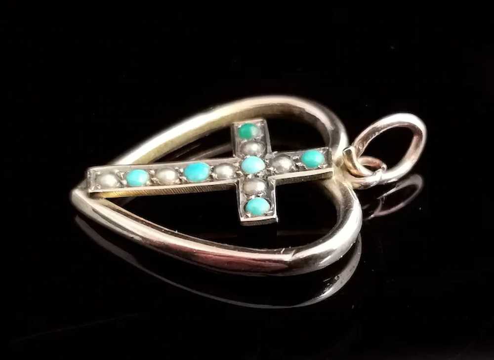 Antique Heart and Cross pendant, Turquoise and se… - image 12