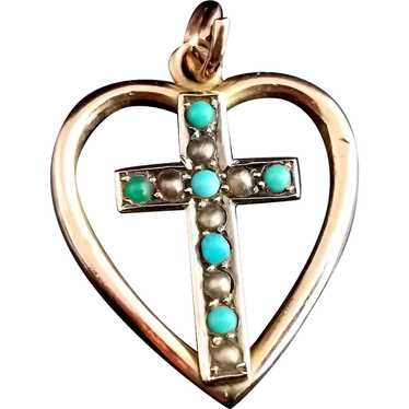 Antique Heart and Cross pendant, Turquoise and se… - image 1