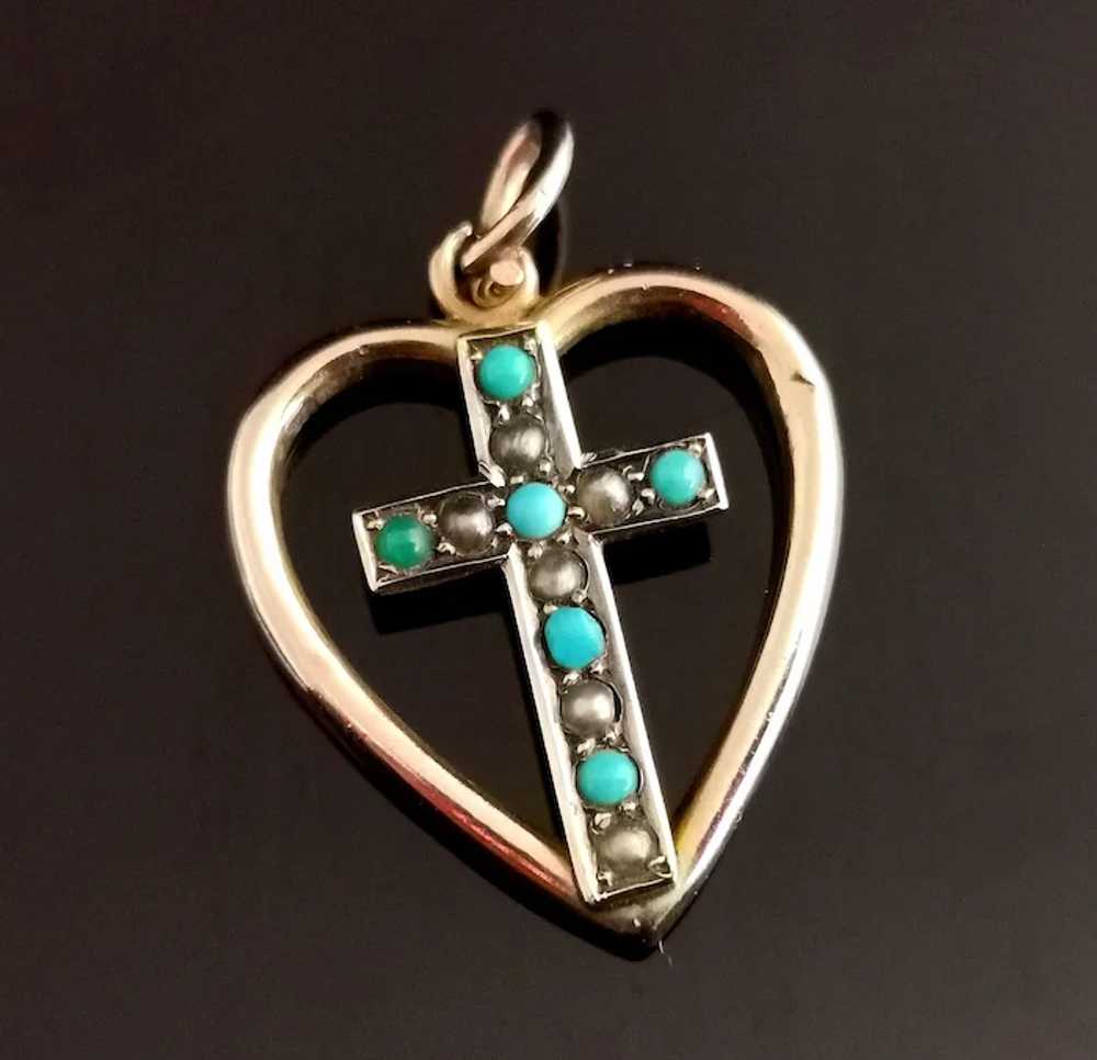 Antique Heart and Cross pendant, Turquoise and se… - image 2