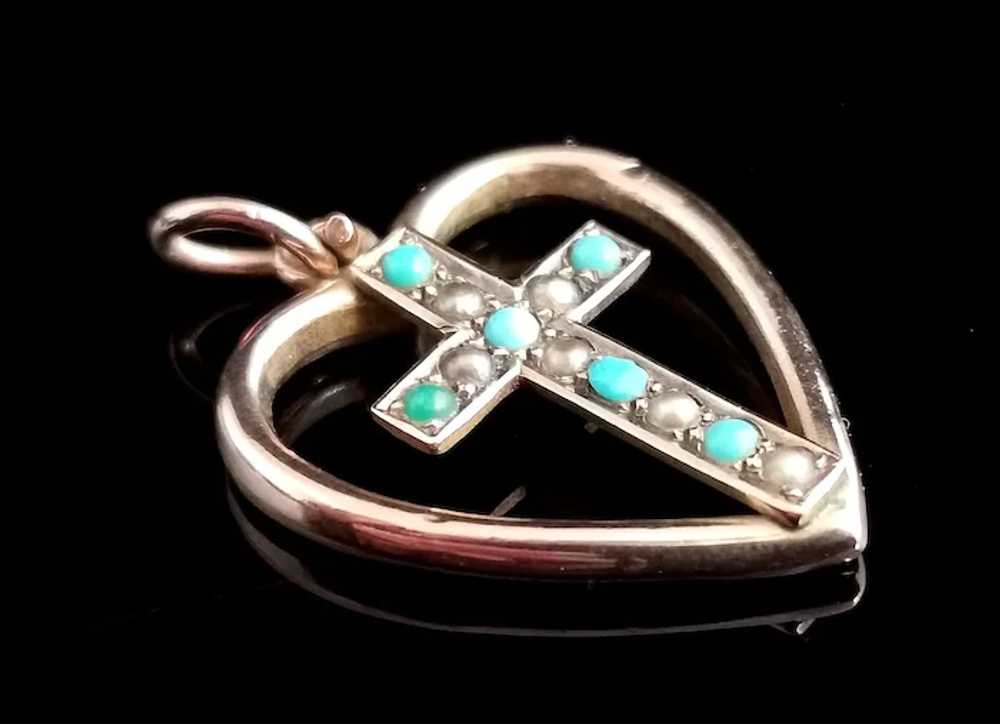 Antique Heart and Cross pendant, Turquoise and se… - image 3