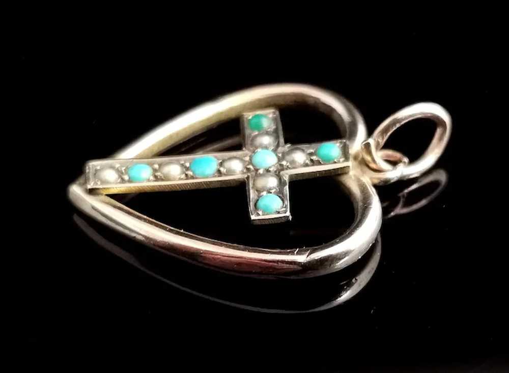 Antique Heart and Cross pendant, Turquoise and se… - image 4