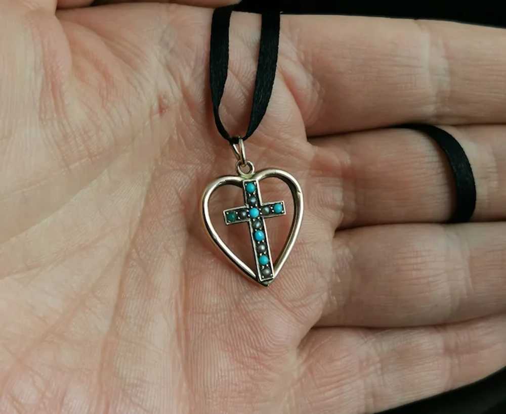 Antique Heart and Cross pendant, Turquoise and se… - image 6