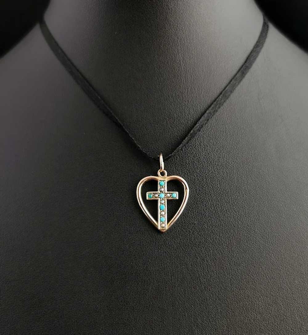 Antique Heart and Cross pendant, Turquoise and se… - image 7