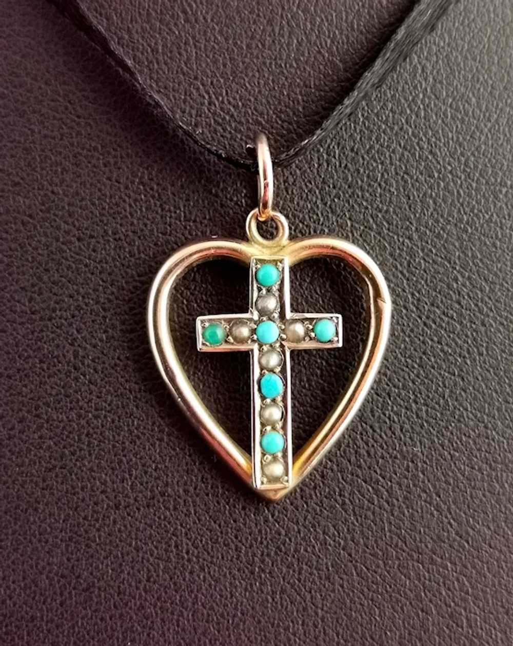 Antique Heart and Cross pendant, Turquoise and se… - image 8