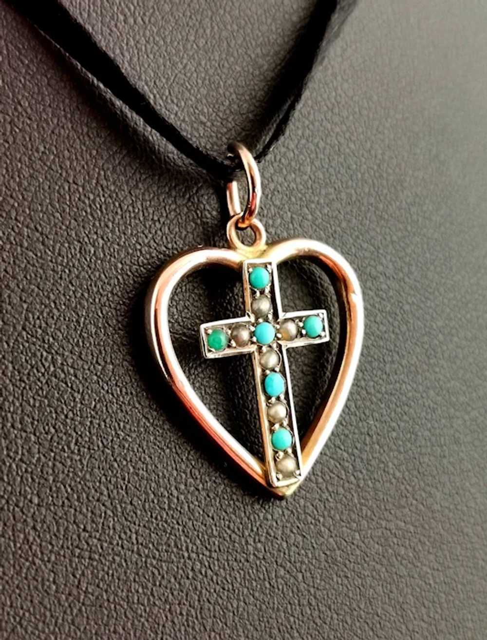 Antique Heart and Cross pendant, Turquoise and se… - image 9