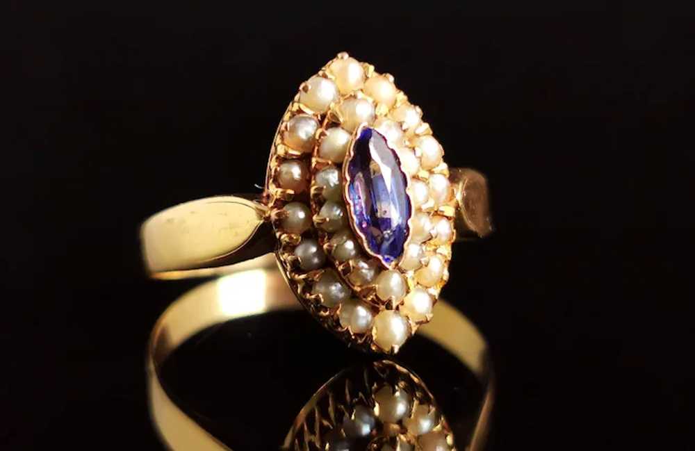 Antique Paste and seed pearl navette ring, 9k yel… - image 11