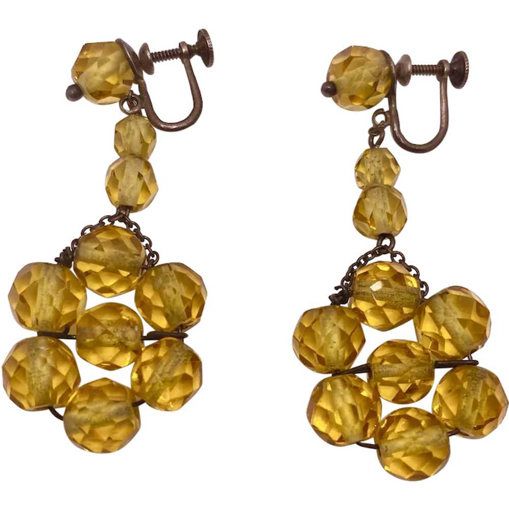 Sterling Amber Glass Dangle Art Deco Earrings - image 1