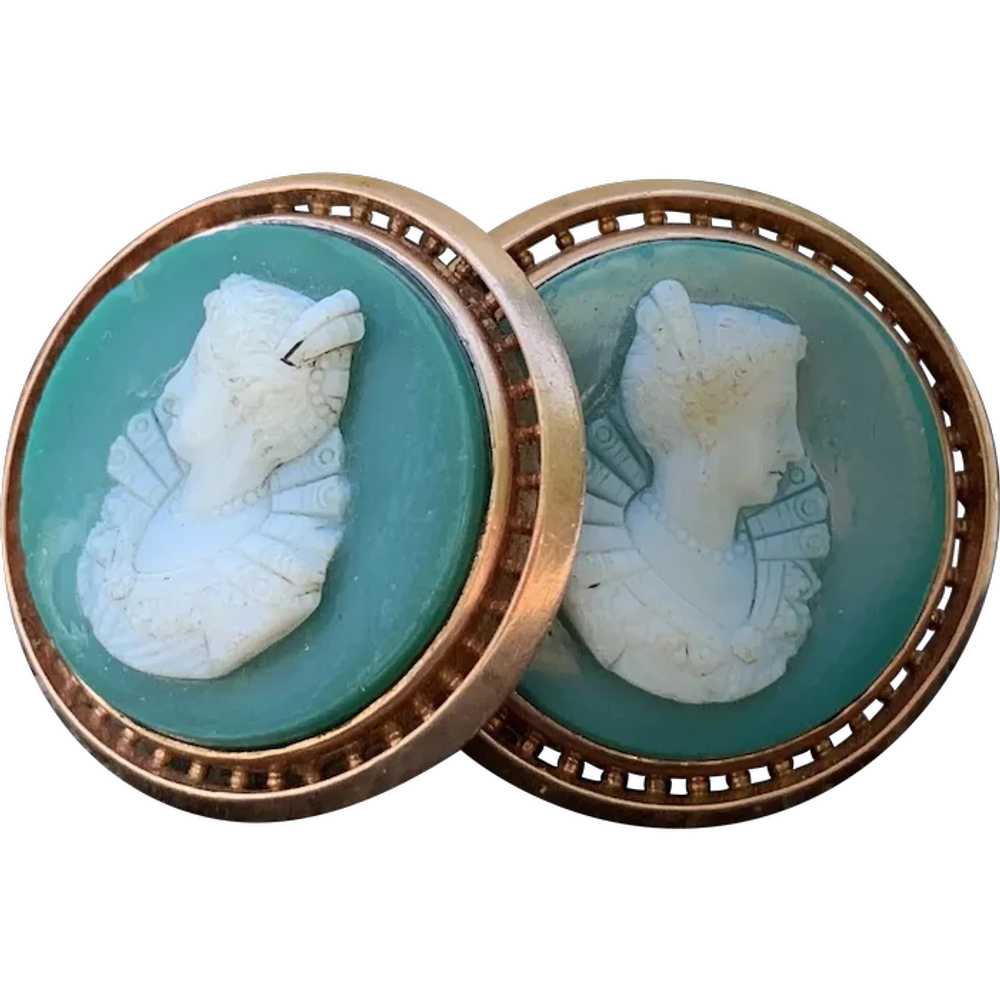 Victorian Green Agate Cameo Cufflinks - image 1