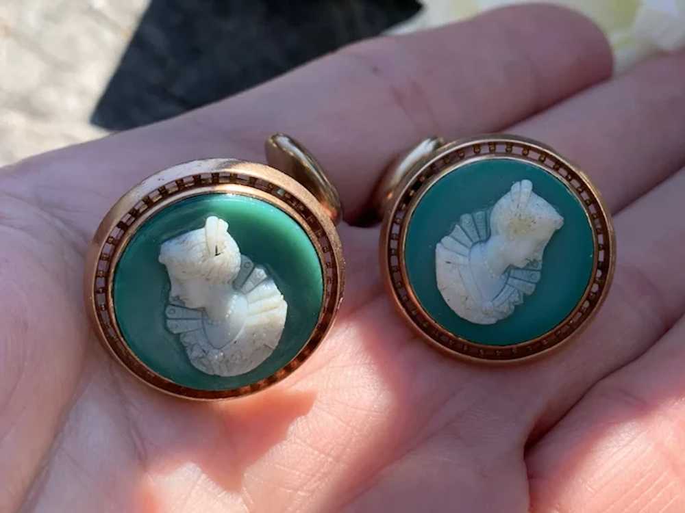 Victorian Green Agate Cameo Cufflinks - image 7