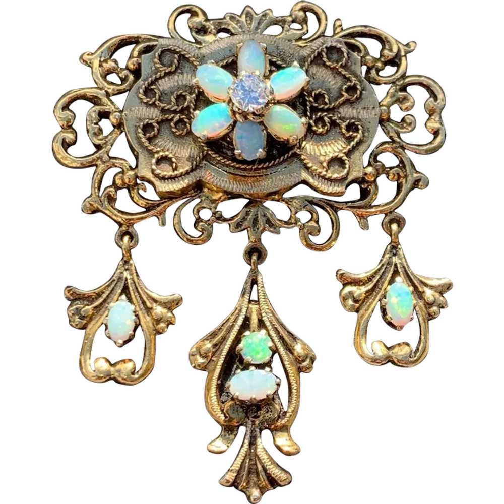 14K Yellow Gold Opal and Diamond Lavalier Pendant - image 1