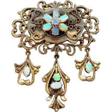 14K Yellow Gold Opal and Diamond Lavalier Pendant - image 1