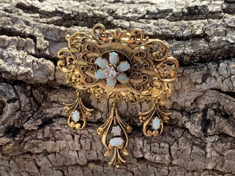 14K Yellow Gold Opal and Diamond Lavalier Pendant - image 4