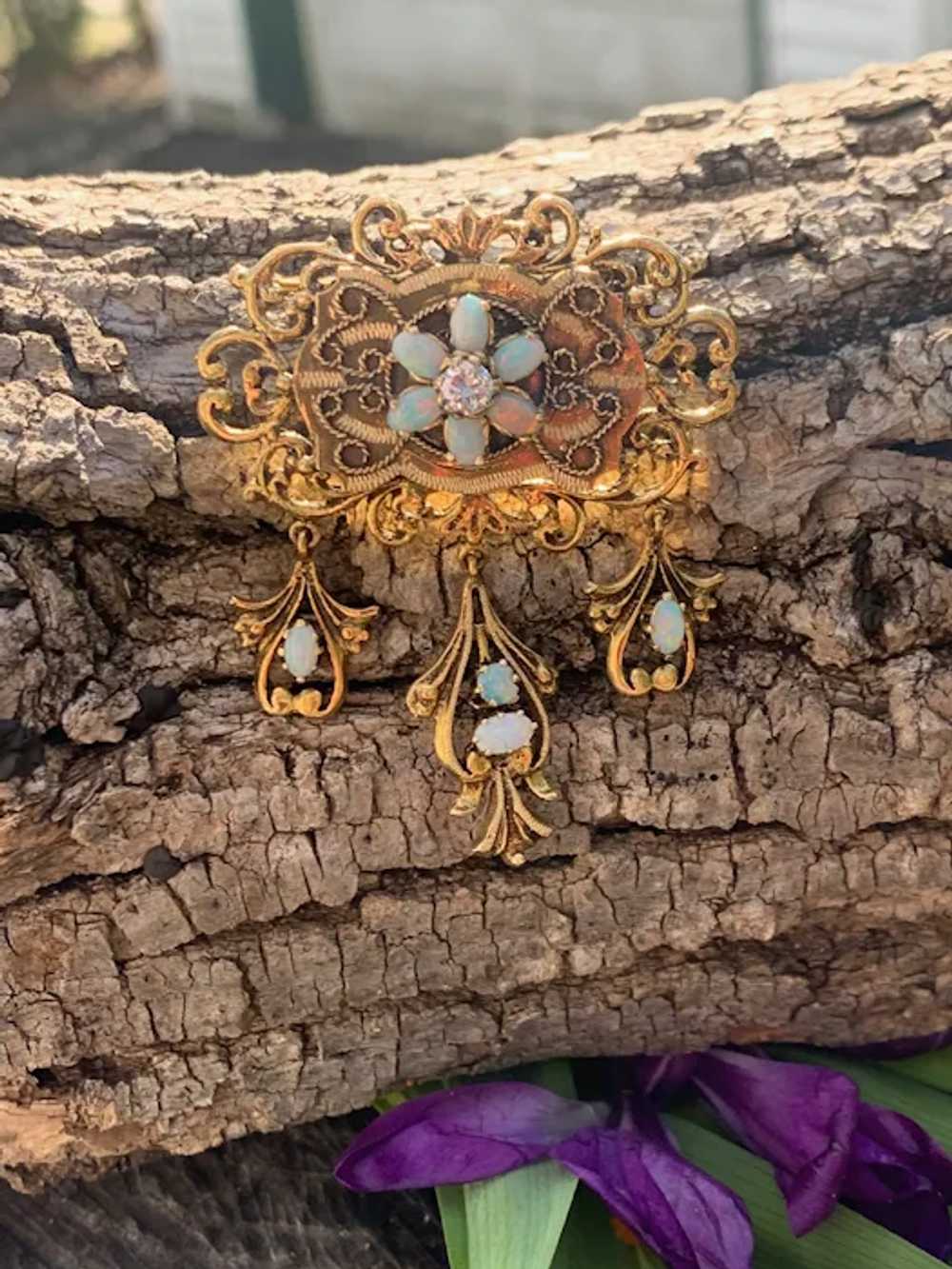 14K Yellow Gold Opal and Diamond Lavalier Pendant - image 6