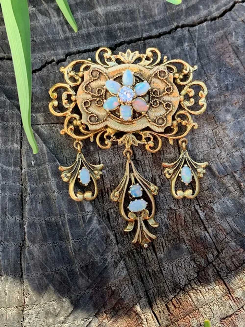 14K Yellow Gold Opal and Diamond Lavalier Pendant - image 7