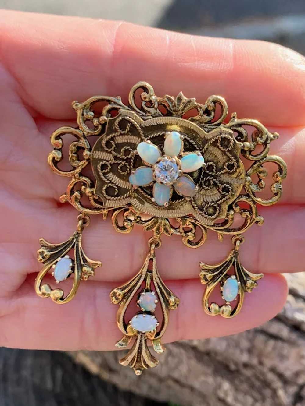 14K Yellow Gold Opal and Diamond Lavalier Pendant - image 9