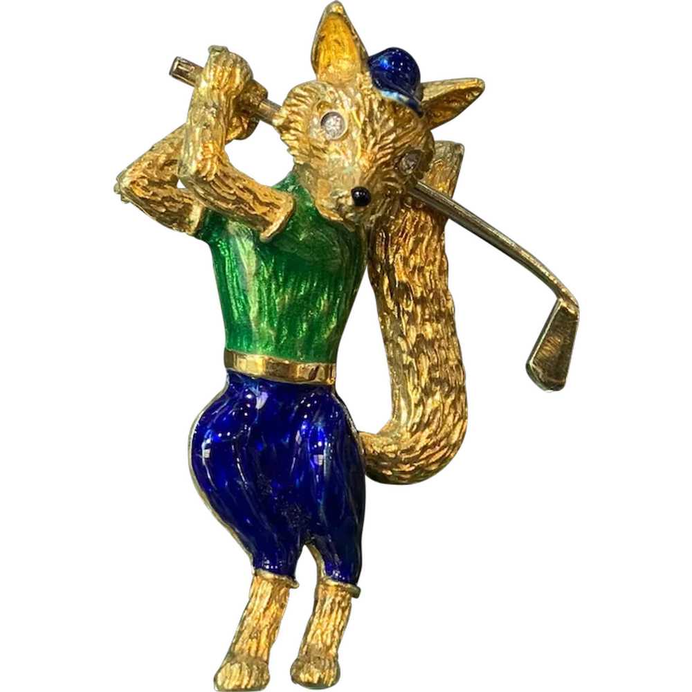 Blue and Green Enamel Golf Fox Brooch - image 1