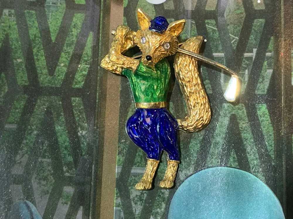 Blue and Green Enamel Golf Fox Brooch - image 2