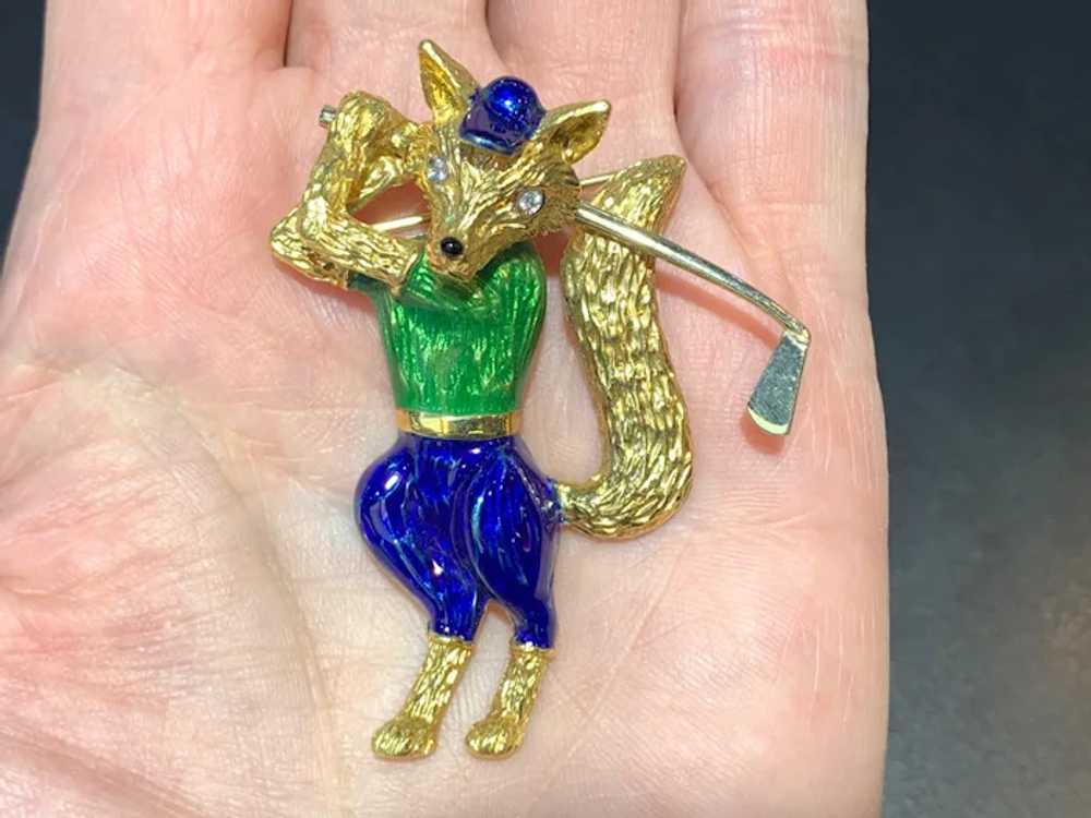 Blue and Green Enamel Golf Fox Brooch - image 3