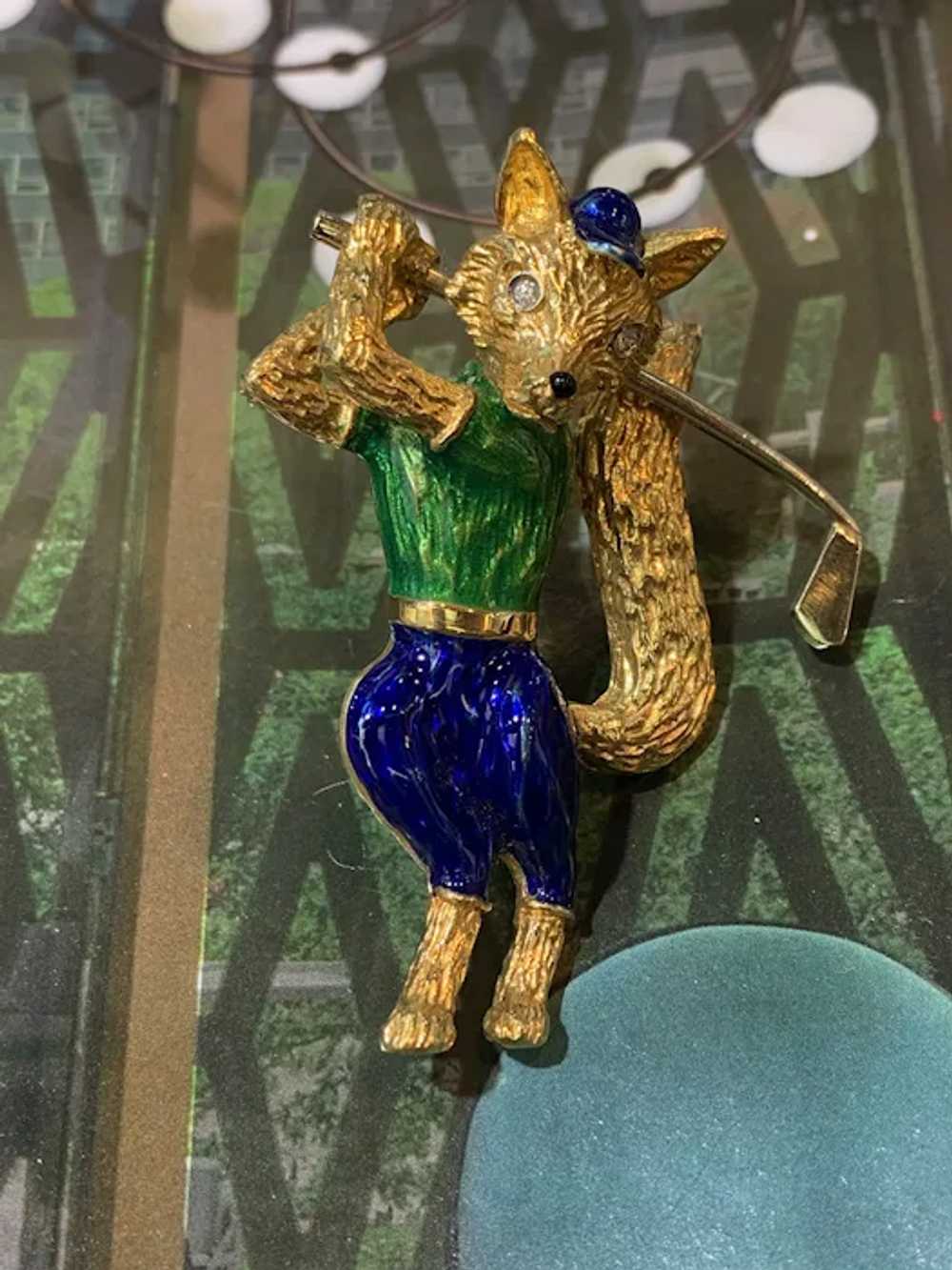 Blue and Green Enamel Golf Fox Brooch - image 5