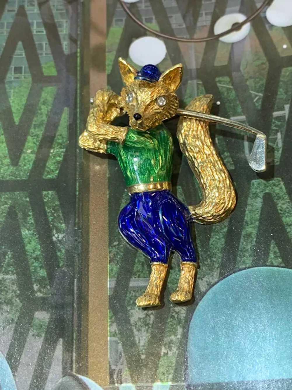 Blue and Green Enamel Golf Fox Brooch - image 6