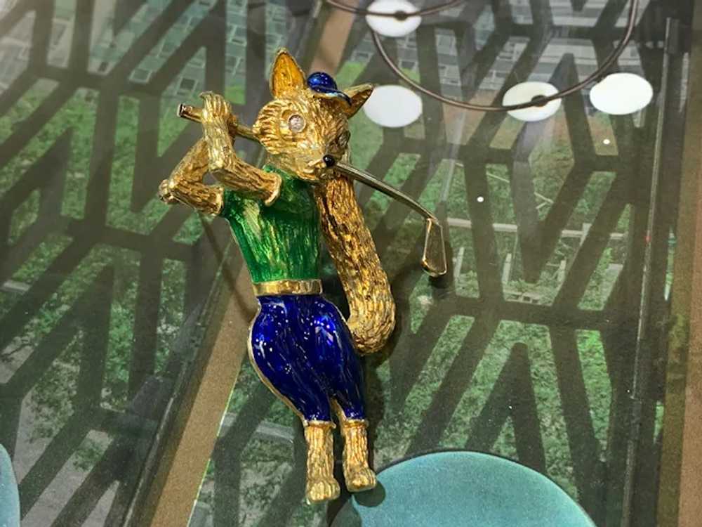 Blue and Green Enamel Golf Fox Brooch - image 7