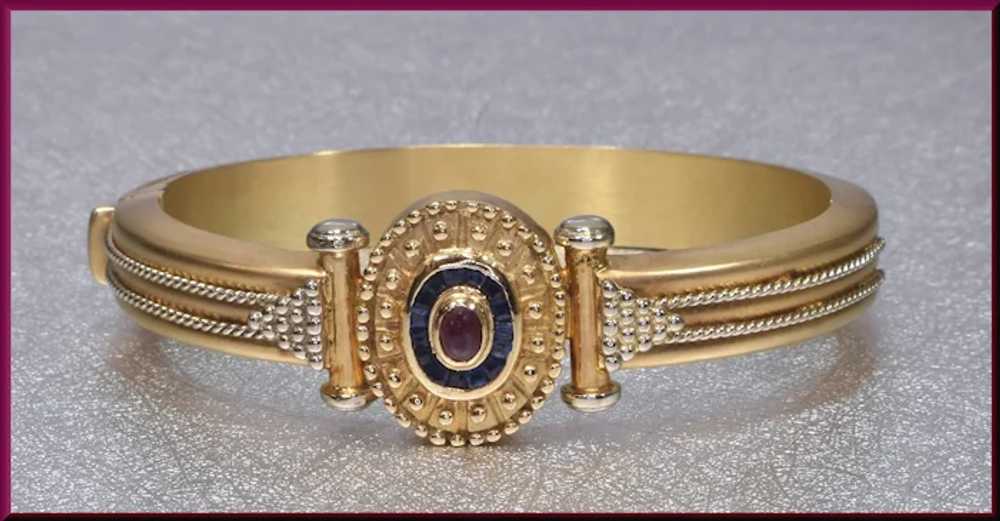 14K Yellow Gold Vintage Sapphire and Ruby Bangle … - image 2