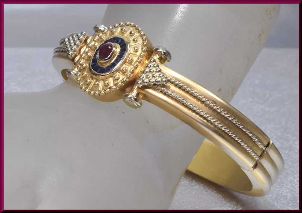 14K Yellow Gold Vintage Sapphire and Ruby Bangle … - image 4