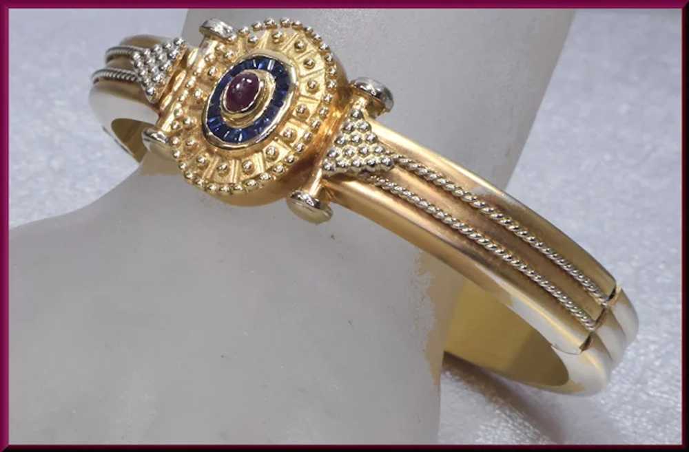 14K Yellow Gold Vintage Sapphire and Ruby Bangle … - image 5