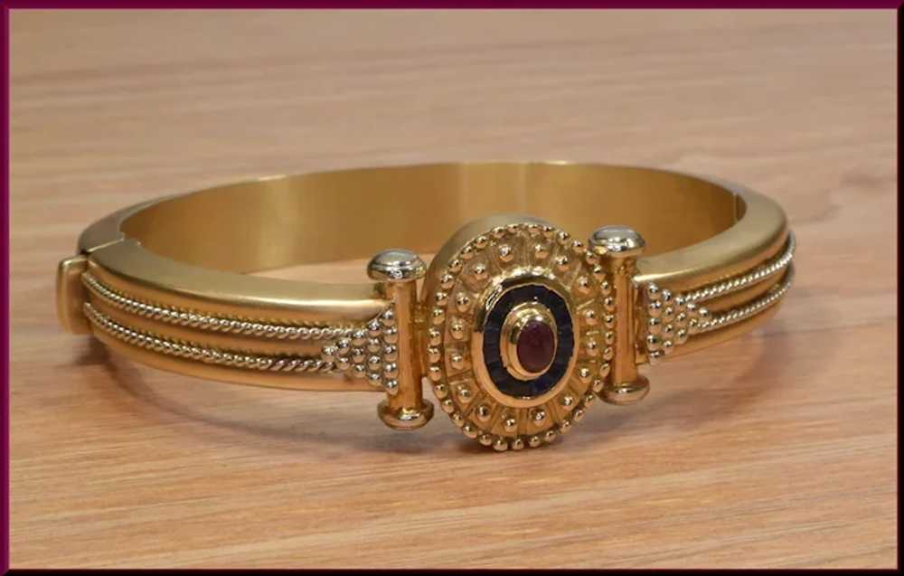 14K Yellow Gold Vintage Sapphire and Ruby Bangle … - image 7